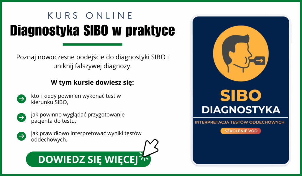 Baner promujący kurs online 'Diagnostyka SIBO w praktyce' o interpretacji testów oddechowych