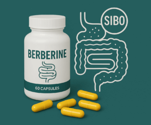 Opakowanie kapsułek berberyny i grafika jelit z napisem SIBO – suplement wspierający zdrowie jelit