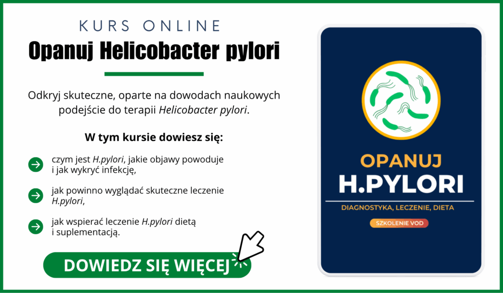 Grafika promująca kurs online „Opanuj Helicobacter pylori” – szkolenie o diagnostyce, leczeniu i diecie w zakażeniu H.pylori.