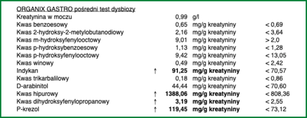 Przykładowy wynik testu Organix Gastro z oznaczeniem 12 metabolitów w moczu