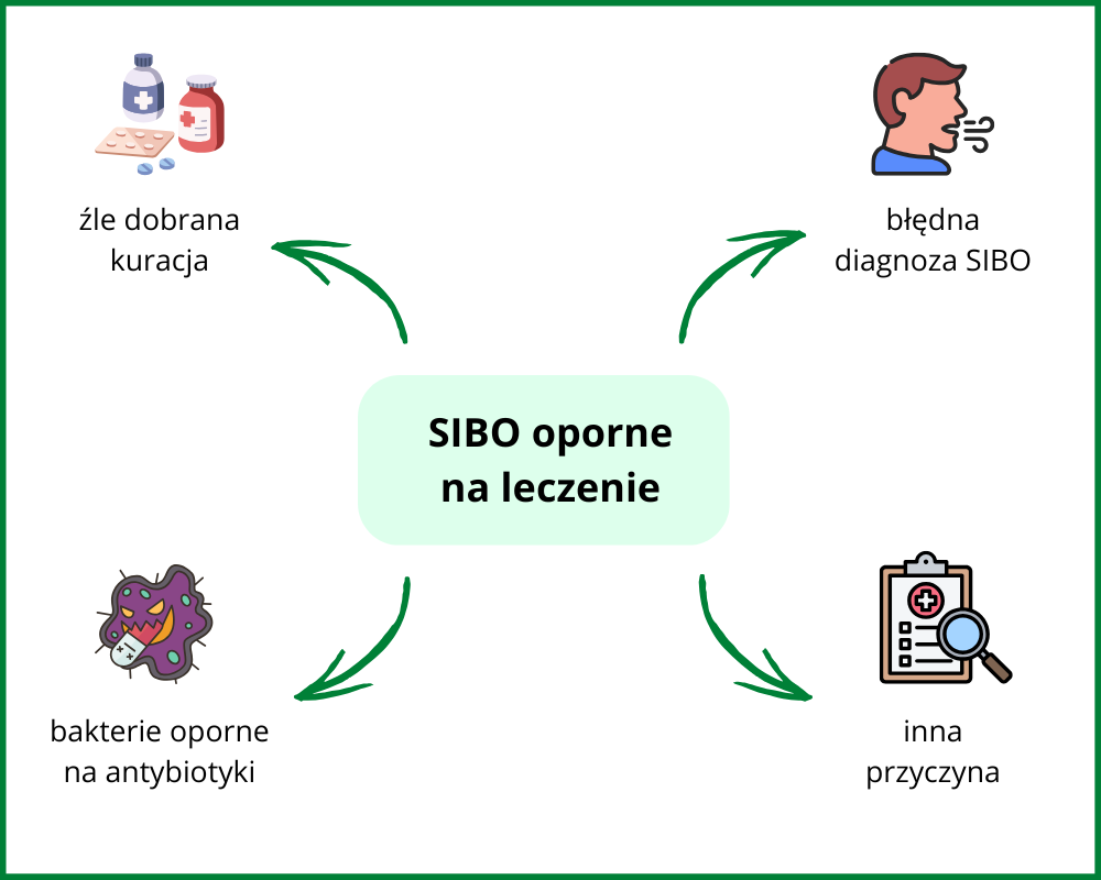 Przyczyny opornego SIBO: zła diagnoza, błędna kuracja, oporność bakterii, inna przyczyna.