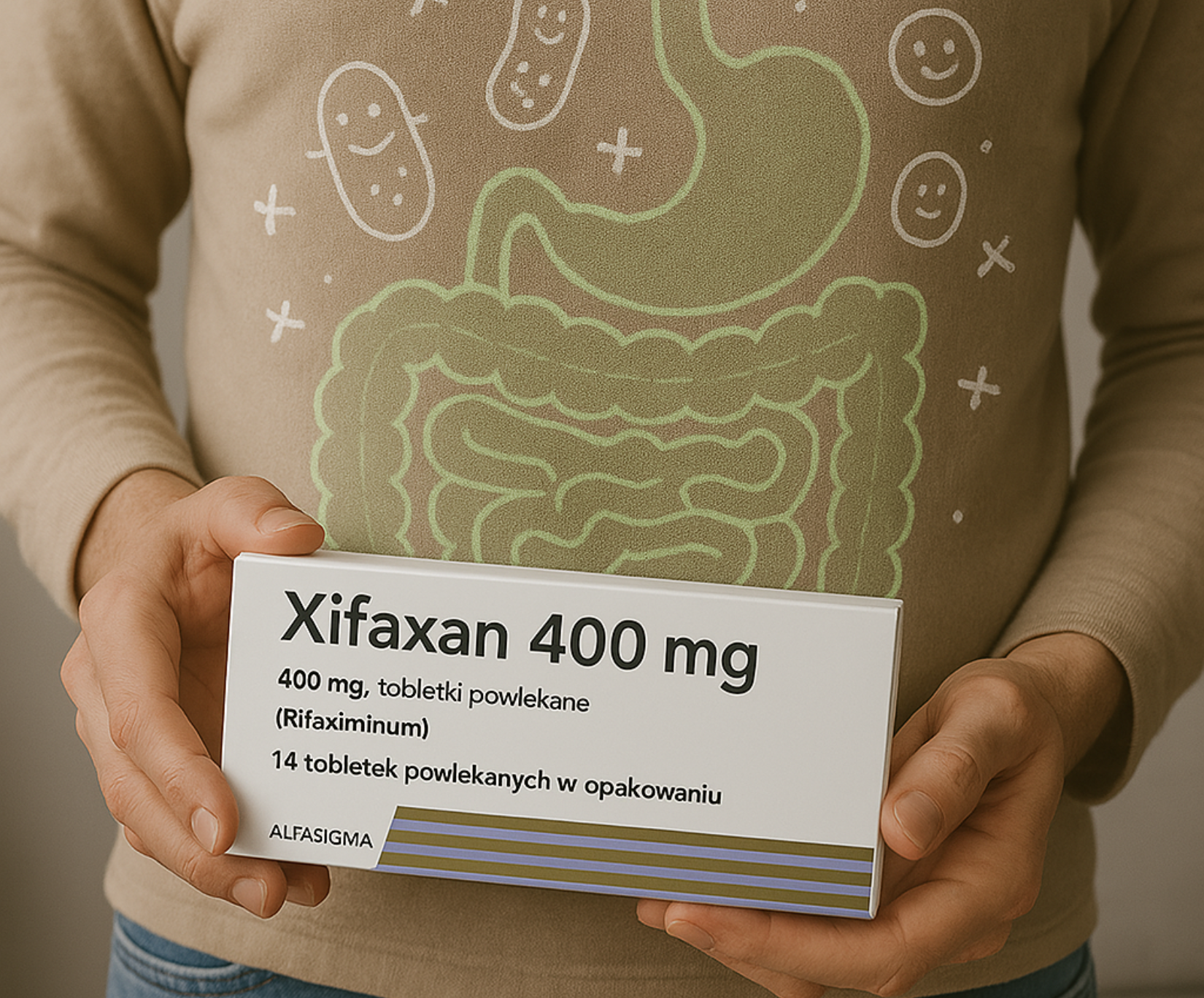 Osoba trzymająca opakowanie leku Xifaxan 400 mg na tle jelit