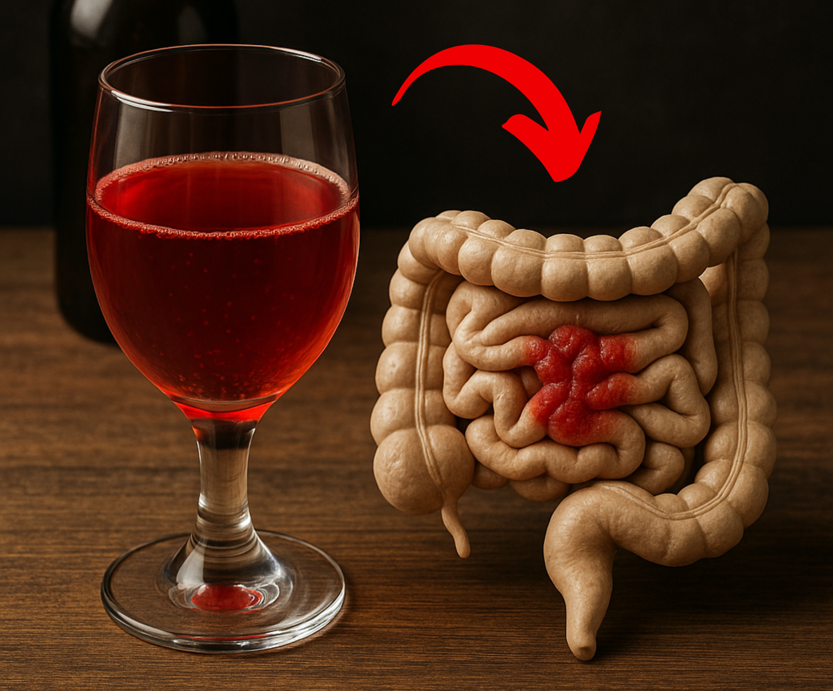 Kieliszek czerwonego alkoholu i model jelita z zaznaczonym stanem zapalnym – wpływ alkoholu na zdrowie jelit i SIBO