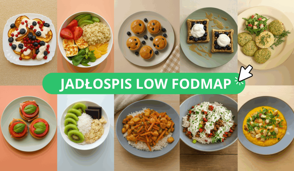 Baner promujący jadłospis diety Low FODMAP mojego autorstwa – kolorowe, lekkostrawne posiłki na talerzach i napis „JADŁOSPIS LOW FODMAP”