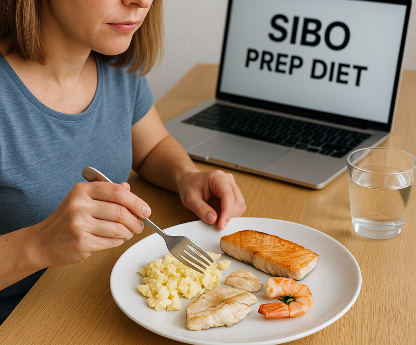 Kobieta jedząca lekkostrawny posiłek z rybą, jajkami i krewetkami przed testem SIBO, przy stole z laptopem i szklanką wody