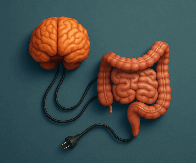 SIBO i objawy psychiczne – ilustracja mózgu i jelit połączonych przewodami, symbolizująca oś jelitowo-mózgową