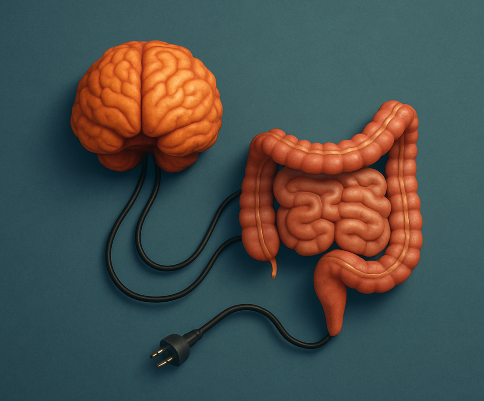 SIBO i objawy psychiczne – ilustracja mózgu i jelit połączonych przewodami, symbolizująca oś jelitowo-mózgową