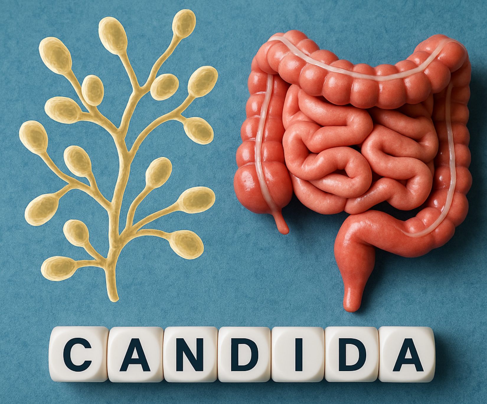 Ilustracja przedstawiająca drożdżaki Candida i model jelit – graficzne zobrazowanie rozrostu grzybów w jelicie cienkim (SIFO)