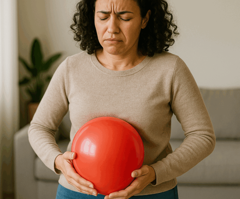 Kobieta trzymająca się za rozdęty brzuch symbolizowany przez czerwony balon – wizualizacja objawów wzdęcia przy SIBO