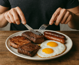 Dieta carnivore (dieta karniwora) – talerz z mięsem i jajkami, symbolizujący dietę mięsożercy w kontekście SIBO i zdrowia jelit