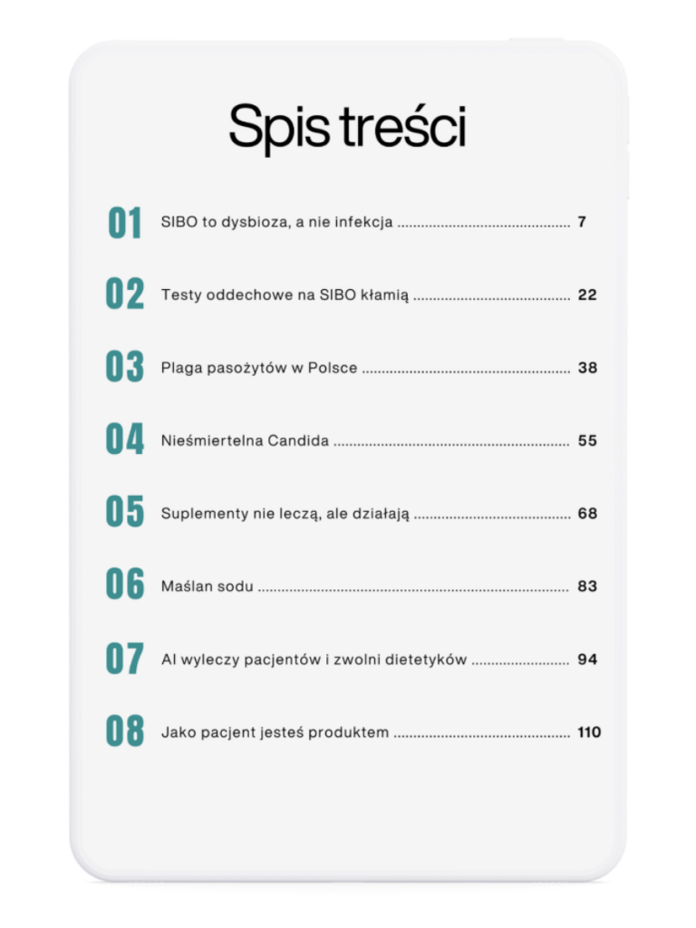 Spis treści e-booka „Mitologia SIBO” pokazujący rozdziały o SIBO, testach oddechowych, pasożytach i Candida
