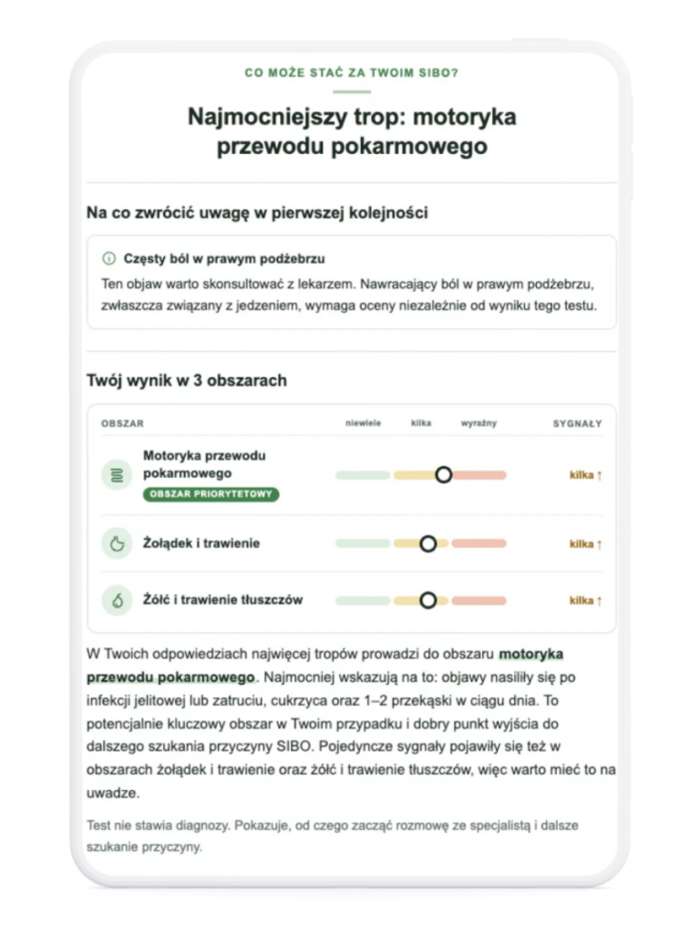 Fragment raportu z testu przyczyn SIBO z wynikiem w 3 obszarach